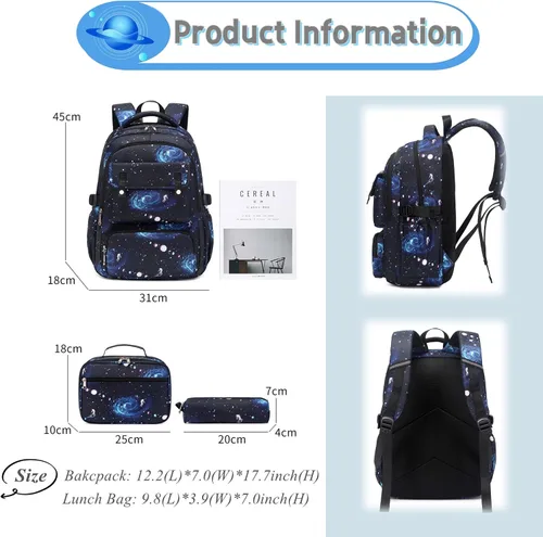 Vista 3 de Mochila escolar con estampado de galaxias para niños de secundaria y primaria
