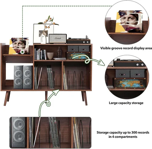 Vista 5 de Soporte para tocadiscos moderno, soporte para tocadiscos de vinilo, soporte grande para tocadiscos con almacenamiento, soporte para tocadiscos
