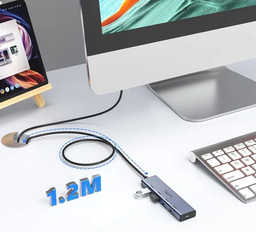 Vista 4 de Hub USB 3.0, divisor USB TSUPY con 5 puertos USB y cable extendido de 4 pies, concentrador de datos de aluminio ultrafino, adaptador multi USB 3.0