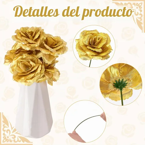 Vista 4 de Youeon 100 cabezas de rosas artificiales doradas de 3.5 pulgadas con tallos, cabezas de flores sintéticas de rosa de seda a granel para ramos