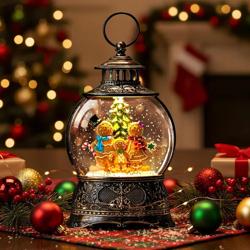 Vista 7 de Linterna de globo de nieve de Navidad con agua con escena de jengibre, funciona con batería o USB, luz musical iluminada, decoración festiva