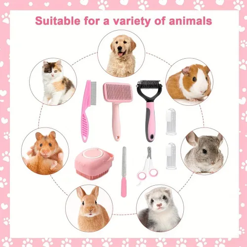 Vista 6 de Juego de 8 cepillos para perros, juego de limpieza automática para mascotas, con cortaúñas y limas, peine, cepillo de baño para champú para mascotas