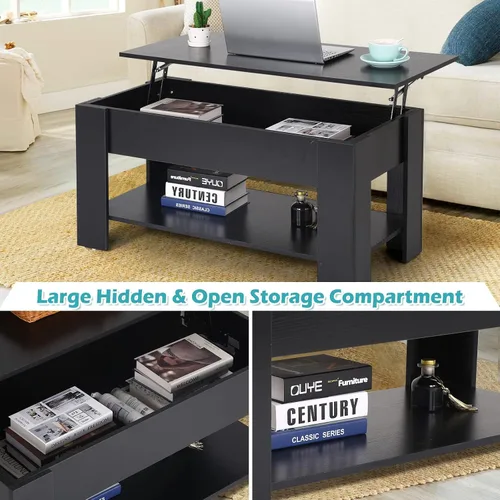 Vista 4 de Mesa auxiliar elevable, mesa de centro de madera ajustable de 39.4 pulgadas de altura con compartimento oculto y estante inferior de almacenamiento