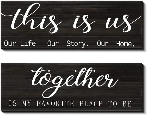 Vista 10 de Jetec 2 letreros de madera para pared del hogar, decoración de pared con texto en inglés "This Is Us", color gris antiguo