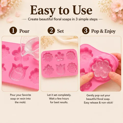 Vista 5 de 6-Cavity Floral Silicone Mold 2-Pack – Flexible DIY Soap, Chocolate, Wax & Resin Mold for Handmade Crafts – Purple & Blue, Non-Stick & Heat Resistant