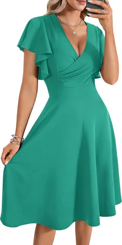 Vista 9 de LYANER Vestido de cóctel de manga corta con volantes y cuello en V, de línea A, con vuelo y estilo midi para mujer Negro puro