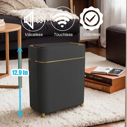 Vista 6 de Yatmung Basurero automático de baño con tapa sin contacto, cubo de basura delgado con sensor de movimiento, baño, dormitorio, cocina, cuarto