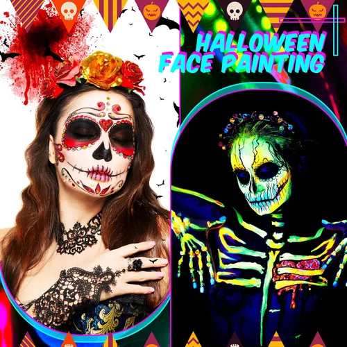 Vista 4 de Handepo 24 piezas de crayones de pintura facial que brillan en la luz negra, kit de pintura de luz UV, kit de pintura fluorescente de Halloween