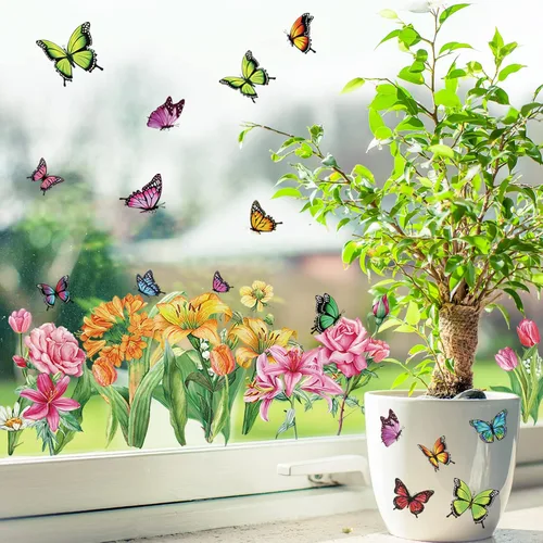 Vista 3 de Whaline 9 hojas de primavera de mariposa para ventana, decoración de ventanas de flora de mariposa colorida de verano, calcomanías reutilizables