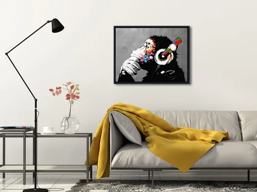 Vista 2 de Wieco Art Marco Negro Mono con Auriculares Banksy Arte de Graffiti Abstracto Pinturas en Lienzo Impresiones Arte de Pared en Lienzo de Animales