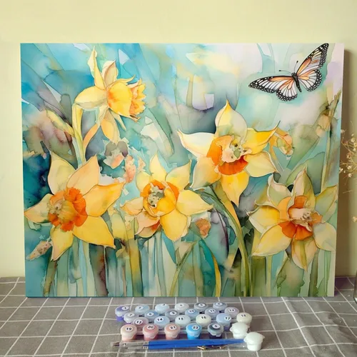 Vista 18 de Tucocoo Kits de pintura de paisaje de girasoles por números con pinceles y pigmento acrílico sobre lienzo para adultos, patrón de mariposas y flores