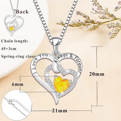 Vista 5 de OSKINIA Collar de plata de ley 925 con piedra natal de ópalo de fuego con circonita cúbica 3A grabada con dije "I Love You Always & Forever", regalo