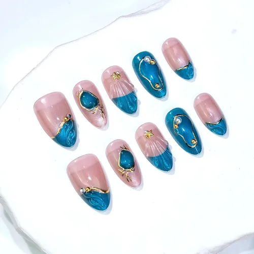 Vista 63 de Uñas postizas a presión medianas con diseño geométrico blanco almendra – 24 uñas postizas reutilizables de ABS brillante, fácil de aplicar, juego