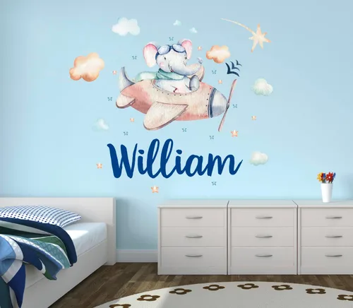 Vista 5 de Calcomanías de pared personalizadas con nombre de avión de elefante, para dormitorio de niños, calcomanías de pared de nubes de selva de aviones