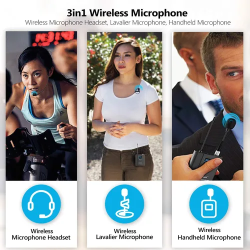 Vista 3 de Bietrun - Sistema de micrófono inalámbrico UHF Lavalier de solapa/micrófono para auriculares/micrófono de soporte, rango de 50.3 metros, transmisor