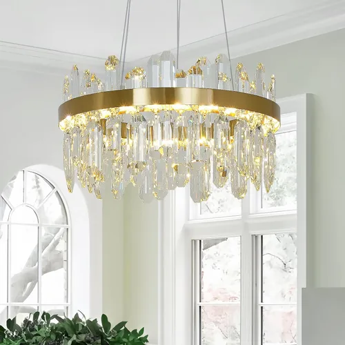 Vista 13 de Lámpara de araña de cristal moderna, luces colgantes cromadas, lámparas de techo con pantalla de acero inoxidable, para isla, comedor, sala