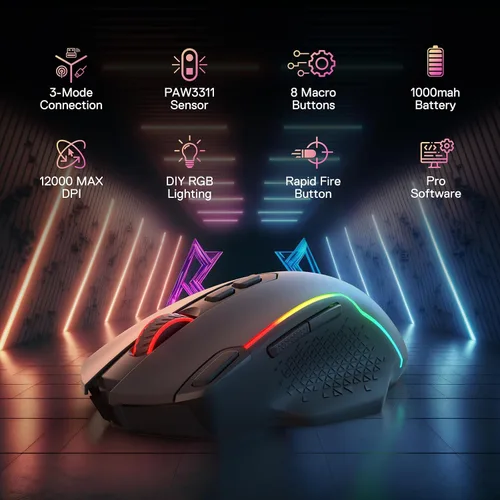 Vista 2 de Redragon M810 MAX - Mouse inalámbrico para juegos de 3 modos, 12000 DPI con cablemouse RGB inalámbrico con llave de fuego rápido, 8 botones macro