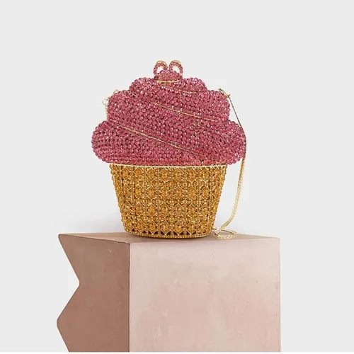 Vista 3 de ADSRB Lady Ice Cream Crystal Clutches Bolsas de mano para mujer, bolso de noche dorado de metal con diamantes para novia, bolso de mano para boda