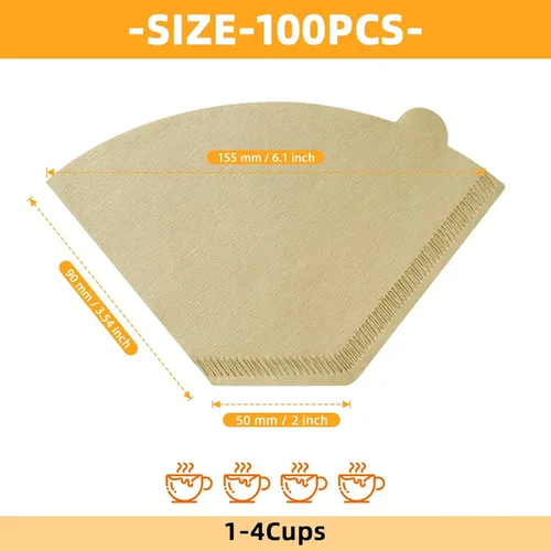 Vista 2 de KUFUNG Paquete de 100 filtros de café en cono, filtros de café desechables de 1 a 4 tazas, filtros de café de papel natural tipo U para verter