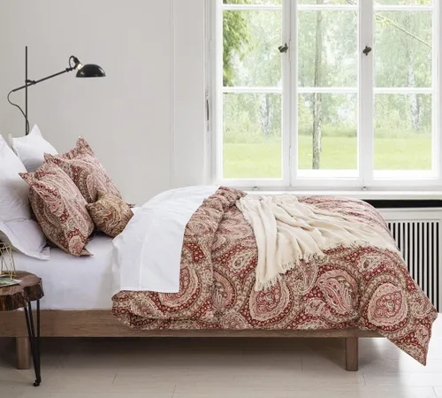 Vista 5 de DAUAOTO Juego de funda de edredón tamaño completo 82"X86" + 2 fundas de almohada, ropa de cama de algodón floral paisley rojo dorado, cierre