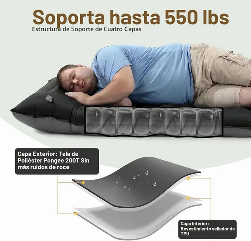 Vista 4 de KASBAH - Colchoneta de dormir inflable de 6 pulgadas de grosor con bomba de pie y almohada integradas, equipo de campamento ultraligero