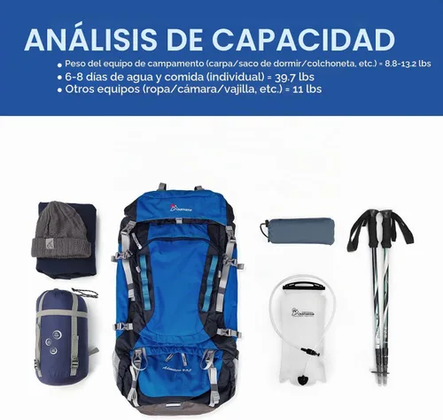 Vista 8 de MOUNTAINTOP Mochila de marco interno de 80L para hombre y mujer Mochila de senderismo con cubierta de lluvia Azul-80L