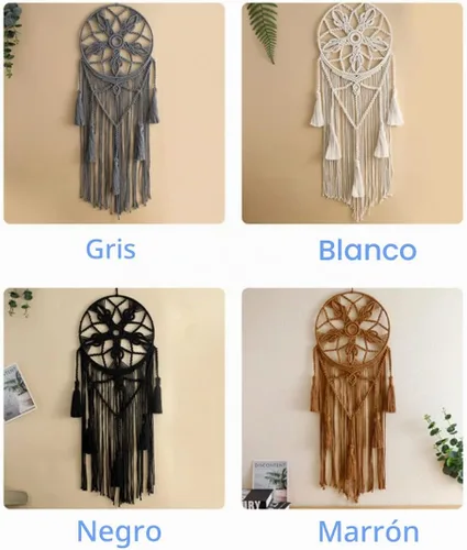 Vista 5 de Tapiz de atrapasueños, bohemio, macramé, tejido de algodón, hecho a mano, arte bohemio con borlas, adorno para dormitorio, sala de estar Beige