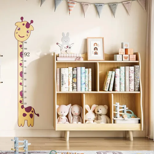 Vista 6 de Estantería para niños y organizador de juguetes Treocho, estantería de madera para niños de 3 niveles con diseño curvo, 5 compartimentos