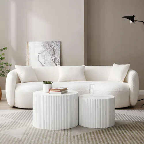 Vista 3 de Juego de 2 mesas auxiliares redondas de 42.52 pulgadas, color blanco, para sala de estar, diseño contemporáneo de círculo de madera en relieve, sin
