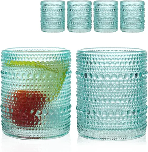 Vista 9 de Juego de 4 vasos para beber Hobnail de 12 onzas, vasos vintage de Júpiter, cristalería antigua en relieve para cerveza, agua, jugo, cóctel, whisky
