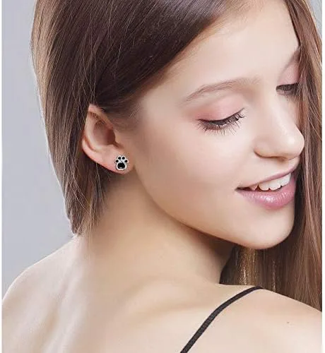 Vista 2 de Pendientes de tuerca de plata esterlina S925 con estampado de pata de perro y gato