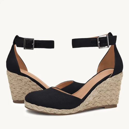 Vista 4 de Alpargatas de punta cerrada para mujer, zapatos de plataforma con tacón y correa de tobillo y hebilla