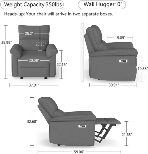 Vista 2 de cinkehome Reclinadores eléctricos de pared Hugger para espacios pequeños, reclinables eléctricos para caravanas con USB, moderna silla reclinable