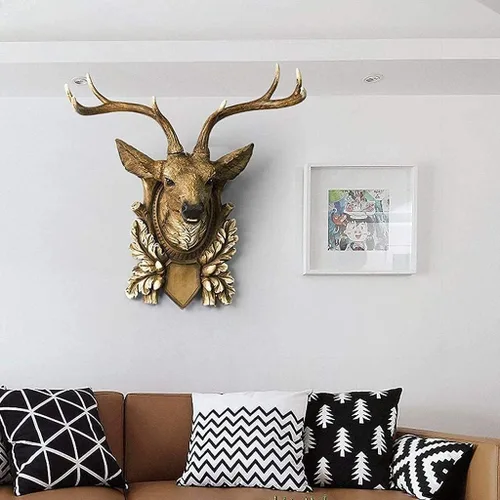 Vista 4 de Decoración de pared, cabeza de ciervo, escultura colgante de pared, decoración de animales, adornos retro, colgante de sala de estar, cuernos, Negro