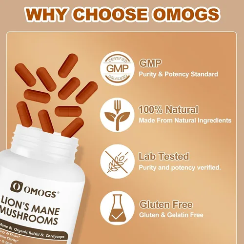 Vista 7 de OMOGS Cápsulas de suplemento de complejo de hongos extracto 10:1, suplemento de melena de león con Cordyceps, Reishi, para la salud del cerebro