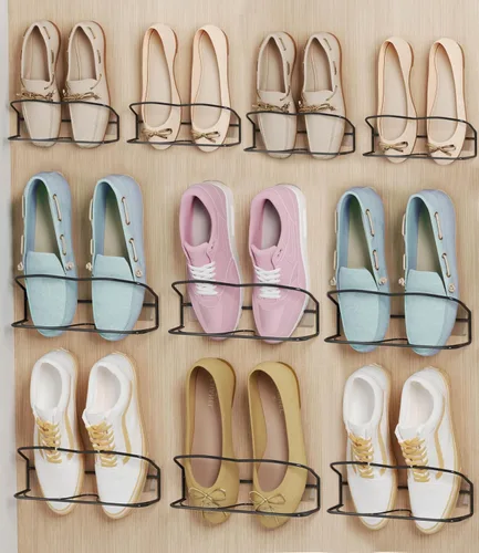 Vista 8 de Zapatero montado en la pared, paquete de 4 unidades, con tiras adhesivas para colgar, almacenamiento de zapatos de pared de metal, organizador