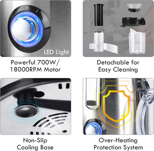 Vista 5 de Extractor de jugos centrífugo de 850W de potencia, extractor de jugos con boca ancha de 3 pulgadas y 2 velocidades con luz LED, licuadora de jugos
