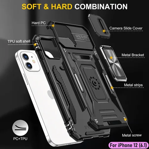 Vista 3 de Funda resistente para Apple iPhone 12, protección híbrida de goma de doble capa de grado militar con protector de cámara deslizante, soporte