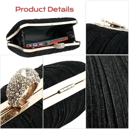 Vista 6 de Simcat Bolso de mano dorado para mujer, bolso de noche con purpurina, plisado, para mujer, formal, novia, boda, baile de graduación