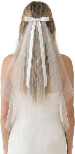 Vista 10 de Funky Junque Velo de novia con lazo, velo blanco para despedida de soltera para boda, despedida de soltera y regalos de compromiso Arco de satén