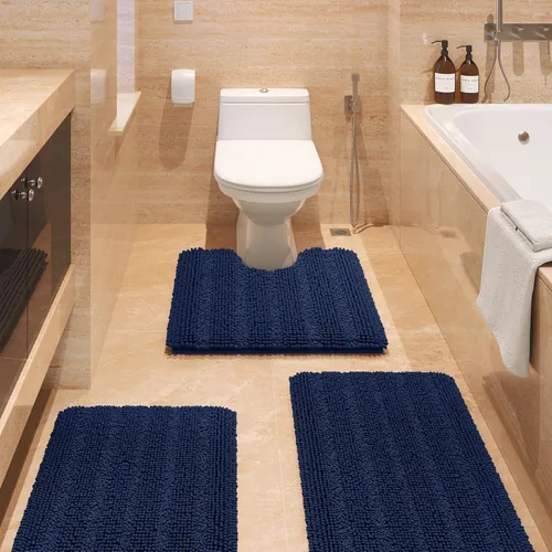 Vista 73 de ACCUMTEK - Juego de alfombras de baño a rayas beige de 3 piezas, ultrasuaves, antideslizantes de chenilla, alfombras de baño mullidas y absorbentes