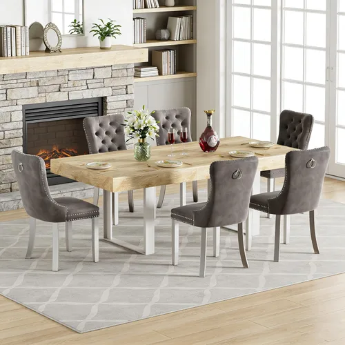 Vista 45 de Juego de mesa de comedor extensible de 5 piezas para 4, mesa de cocina de madera marrón de 63-78.7 pulgadas con 4 sillas acolchadas beige, juego