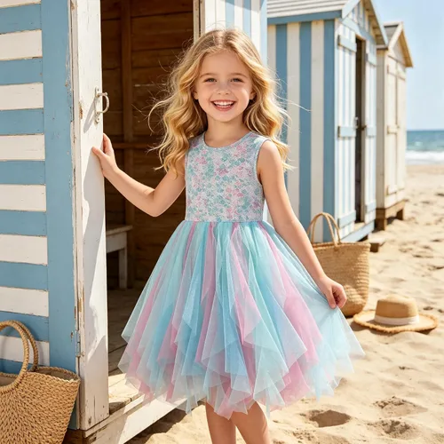 Vista 2 de VIKITA Vestido tutú para niñas pequeñas, falda de princesa de tul de sirena, traje de fiesta de cumpleaños de verano para niñas pequeñas de 3 a 8