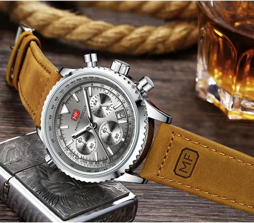 Vista 5 de Mini Focus - Reloj de cuarzo de acero inoxidable para hombre, color dorado, verde, impermeable, con cronógrafo, fecha automática de 24 horas, 0463