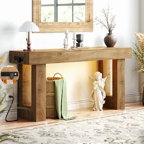 Vista 10 de Unikito Mesa de entrada de 32 pulgadas con enchufe y sensor de luz, mesa consola estrecha con almacenamiento detrás del sofá, mesa de entrada