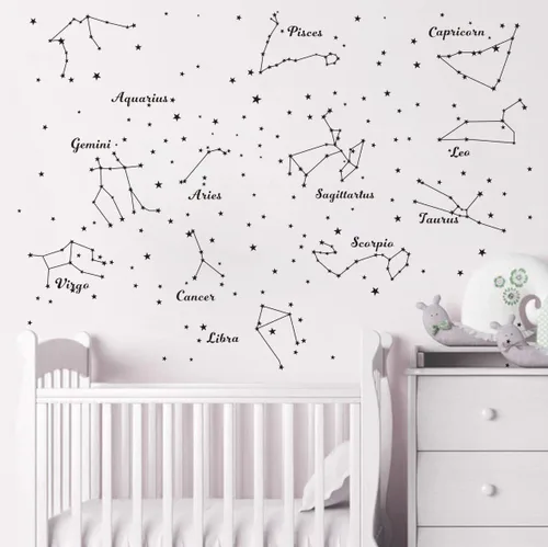 Vista 4 de Calcomanías de pared de constelación para habitación de niños, 12 calcomanías de astronomía del zodiaco con estrellas y signos, mural de vinilo Negro