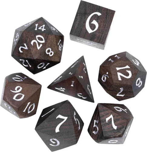 Vista 11 de Juego de dados D&D de sándalo rojo, dados poliédricos de madera natural con caja de lata de metal para juegos de rol y juegos de mesa