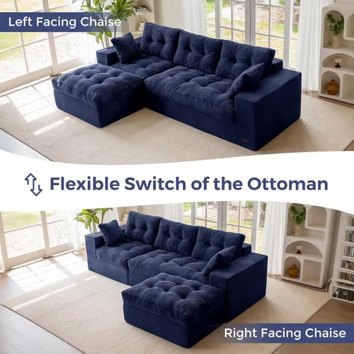 Vista 5 de MAXYOYO Sofá modular modular en forma de L de 104 pulgadas con otomana, sofá copetudo sin hueso con cojín en capas, sofá combinado tapizado de Azul