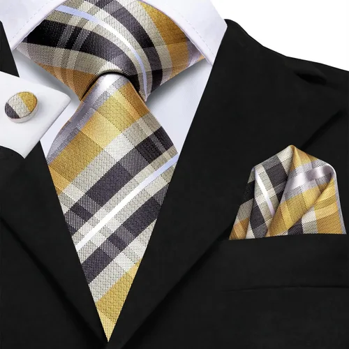 Vista 310 de Hi-Tie Corbata clásica de cachemira para hombre con pañuelo y gemelos a cuadros