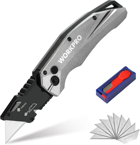 Vista 12 de WORKPRO Cuchillo Utilitario Plegable, Metal Resistente, Cortador de Caja de Bloqueo de Eje de Apertura Rápida, Cuchillo de Hoja de Cambio Rápido, 1